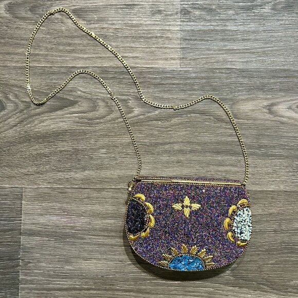 Ramla Beaded Clutch Purple Multicolor Mosaic Chain Strap Handmade NEW Prom - Picture 4 of 15